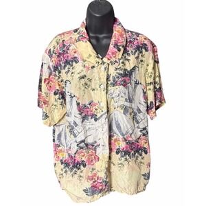 Wayne Rogers 100% Silk Floral Art Print Button Up Blouse Shirt Womens S
